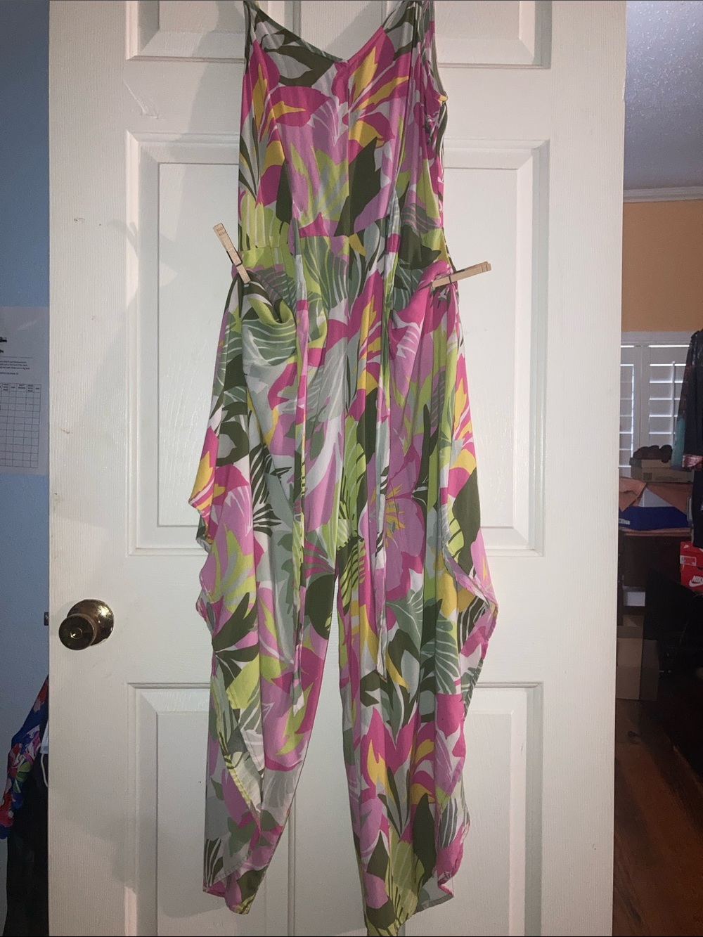 Tropical Print Wide-Leg Jumpsuit - Pink & Green